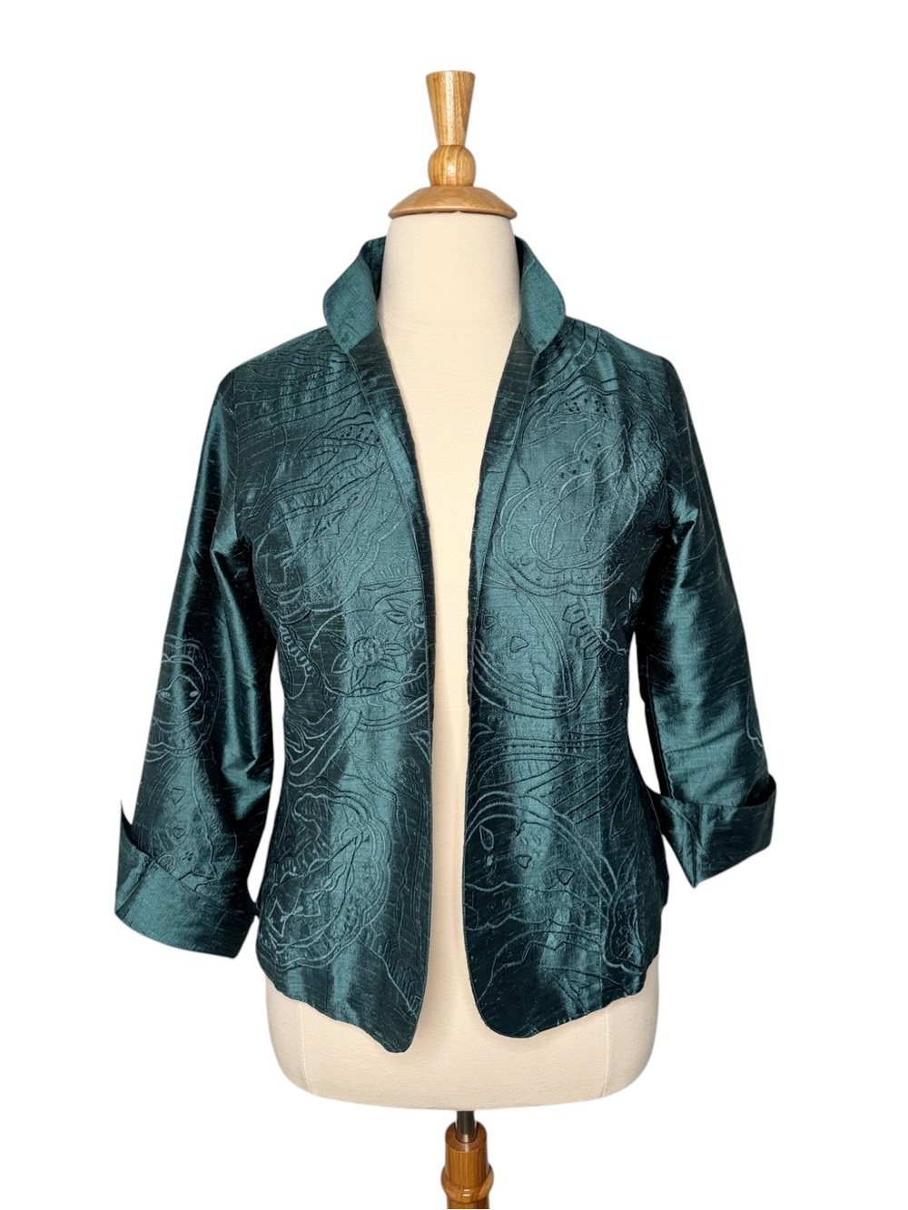 Anu 100% Teal Embroidered Wear2Art Open Front Blazer Size L